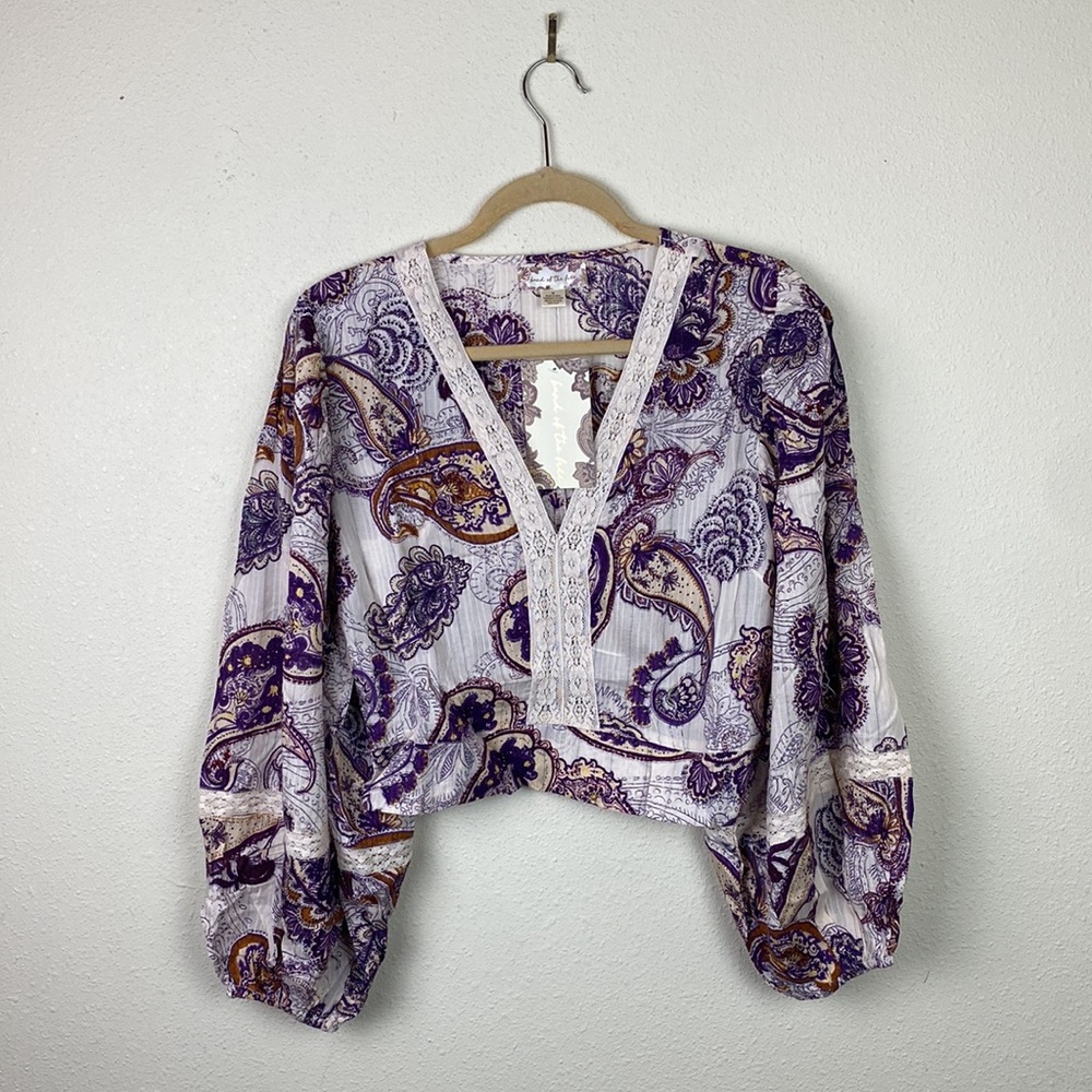 NWT Band of the Free | Paisley Cream Purple Lace Boho Peasant Sleeve Crop Top M